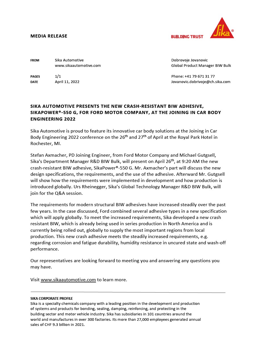 Sika Automotive Media Release Joining in Car Body Engineering Conference April 2022
