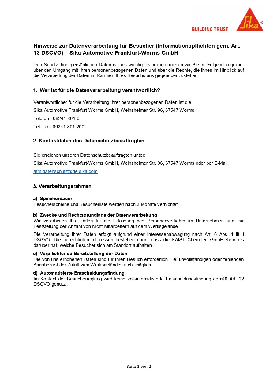 Datenschutzinformationen -Sika ATM Fra-Wor GmbH - Besucher