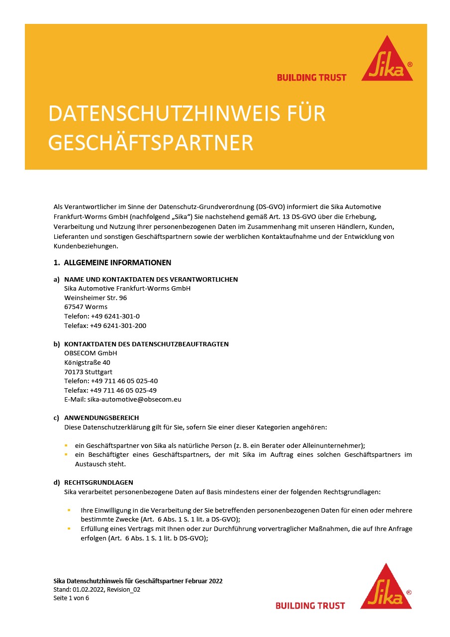 Data Protection Information - Business Partners - Worms - German