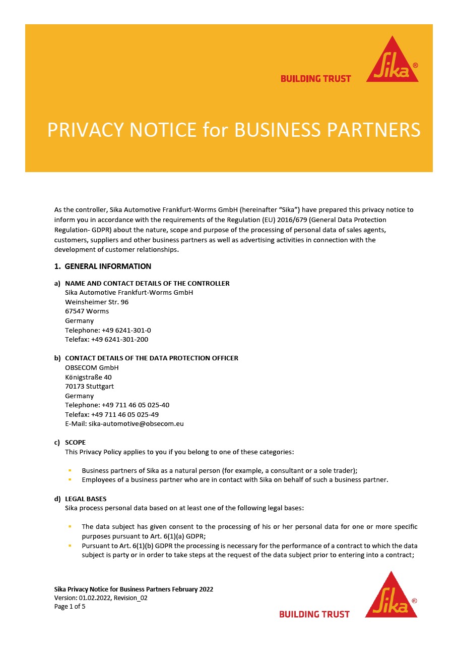 Data Protection Information - Business Partners - Worms - English