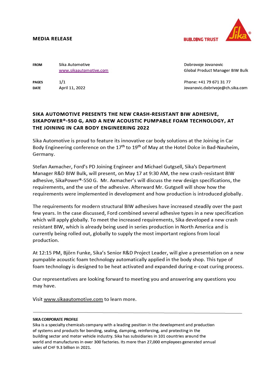 Sika Automotive Media Release Joining in Car Body Engineering Conference May 2022